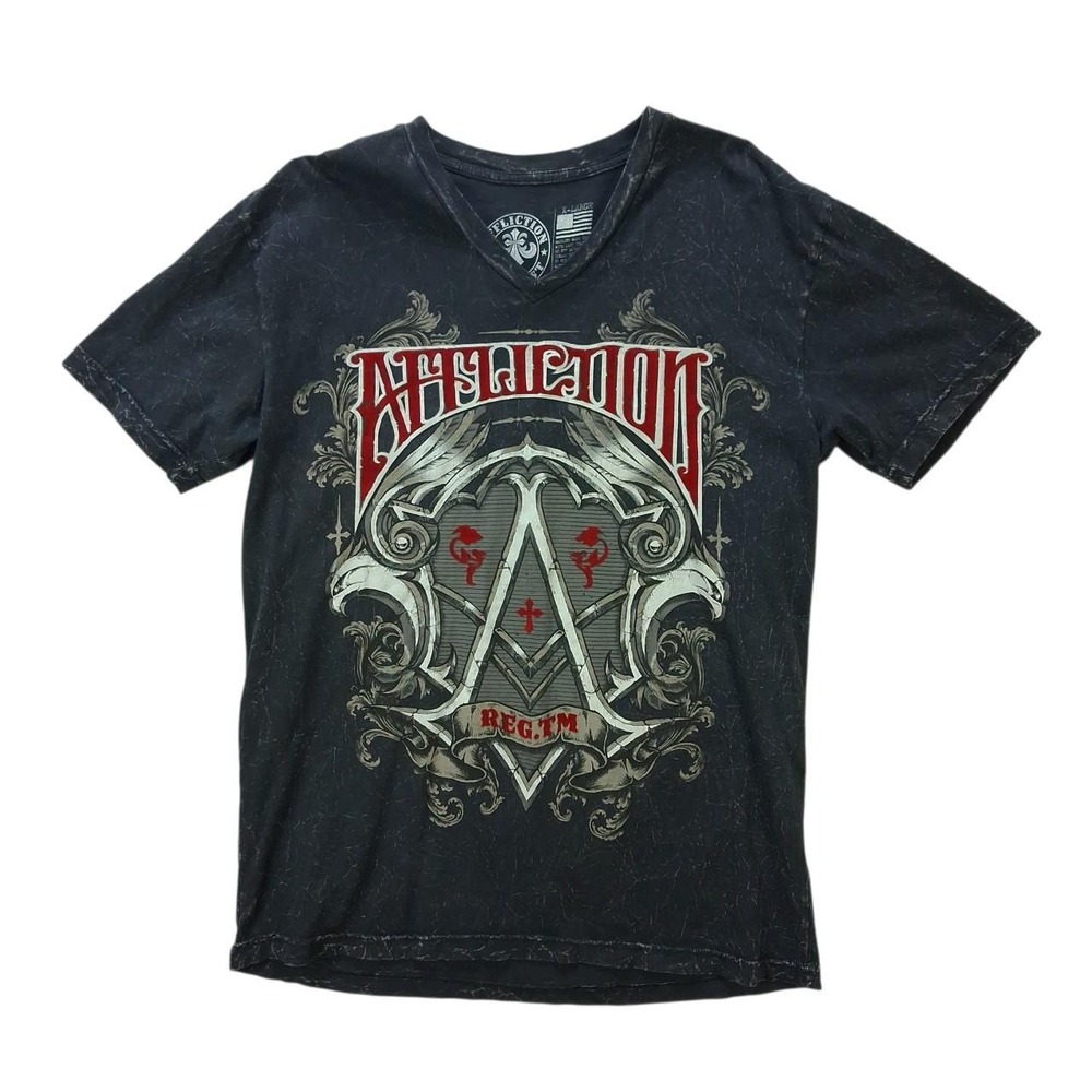 Affliction Mens Gothic Crest V-Neck Graphic T-Shirt Black Mineral Wash XL